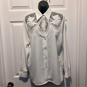 Vintage Beta’s Choice Blouse white floral mesh  Women Large long sleeve buttons